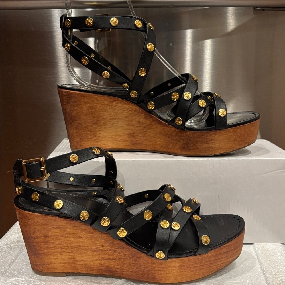 Tory Burch Women's Black Leather Studded Wedge Sandals - Picture 5 of 12